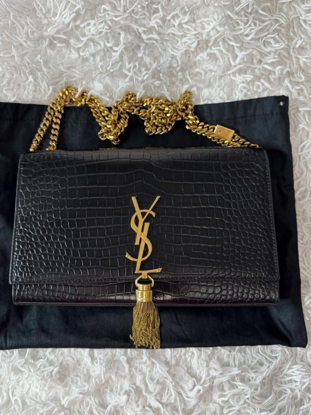 SAINT LAURENT Calfskin Crocodile Embossed Medium Classic Monogram Kate Tassel Sa